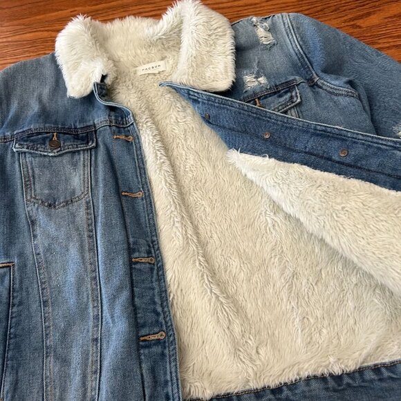 Pacsun Sherpa Denim Trucker Jacket Fleece Lined Size Large Distressed - Picture 4 of 12